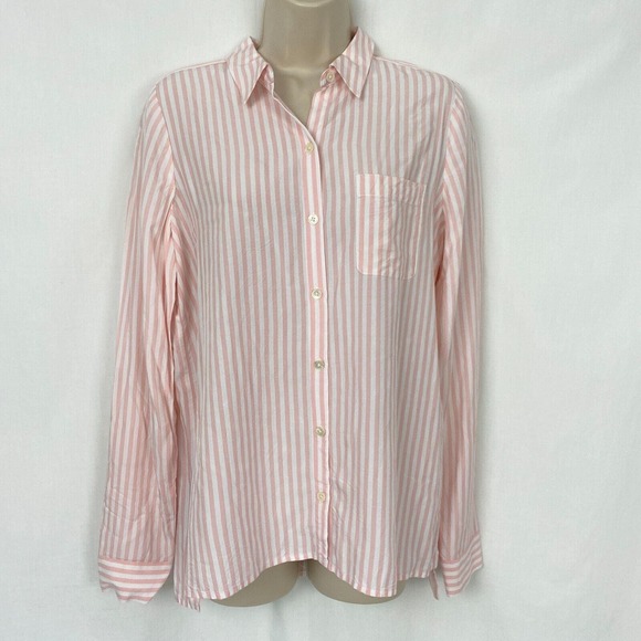J Jill Button Up Tunic Top Womens XS Striped Pink White Pocket Roll Tab Sleeve - Picture 2 of 12